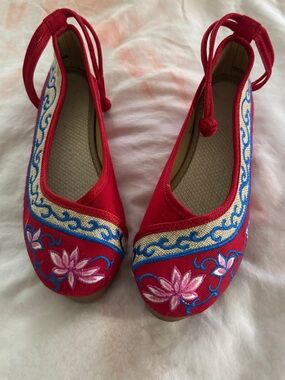 Red Embroidered Lotus Ballet Flats with Ankle Tie